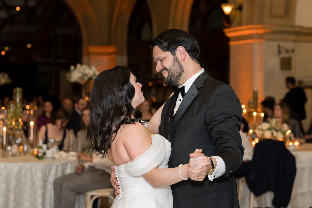Kristen and Stefano’s first dance as newlyweds to ‘Unforgettable’ by Nat King Cole at The Depot in Minneapolis, captured by Summit Hill Studios.